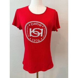 NWT Bebe Red Ribbed Graphic Tee Large Rhinestone San Francisco 1976 Logo Shirt